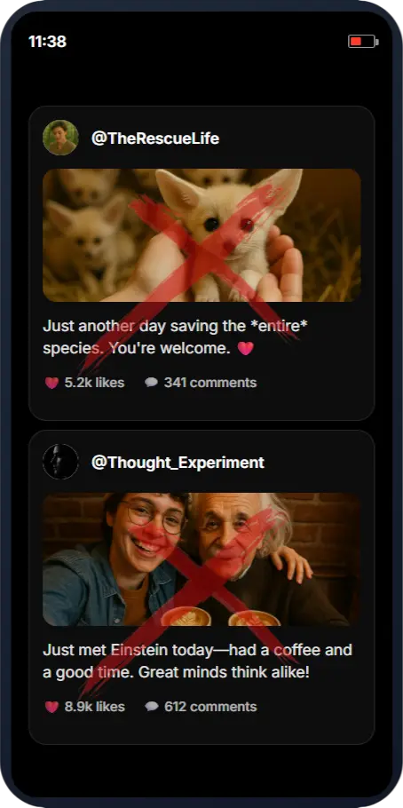 Phone mockup showing fake AI-generated social media posts