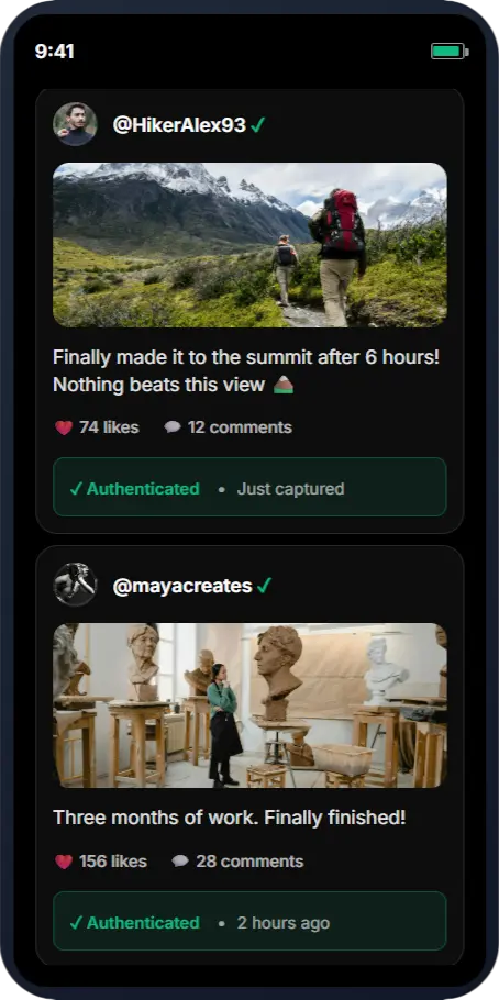 Phone mockup showing authenticated real social media posts